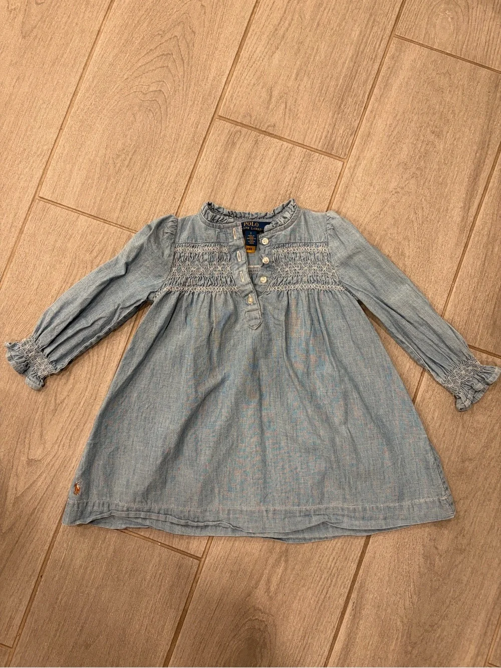 Ralph Lauren Light Blue Chambray Smocked Long-Sleeve Dress